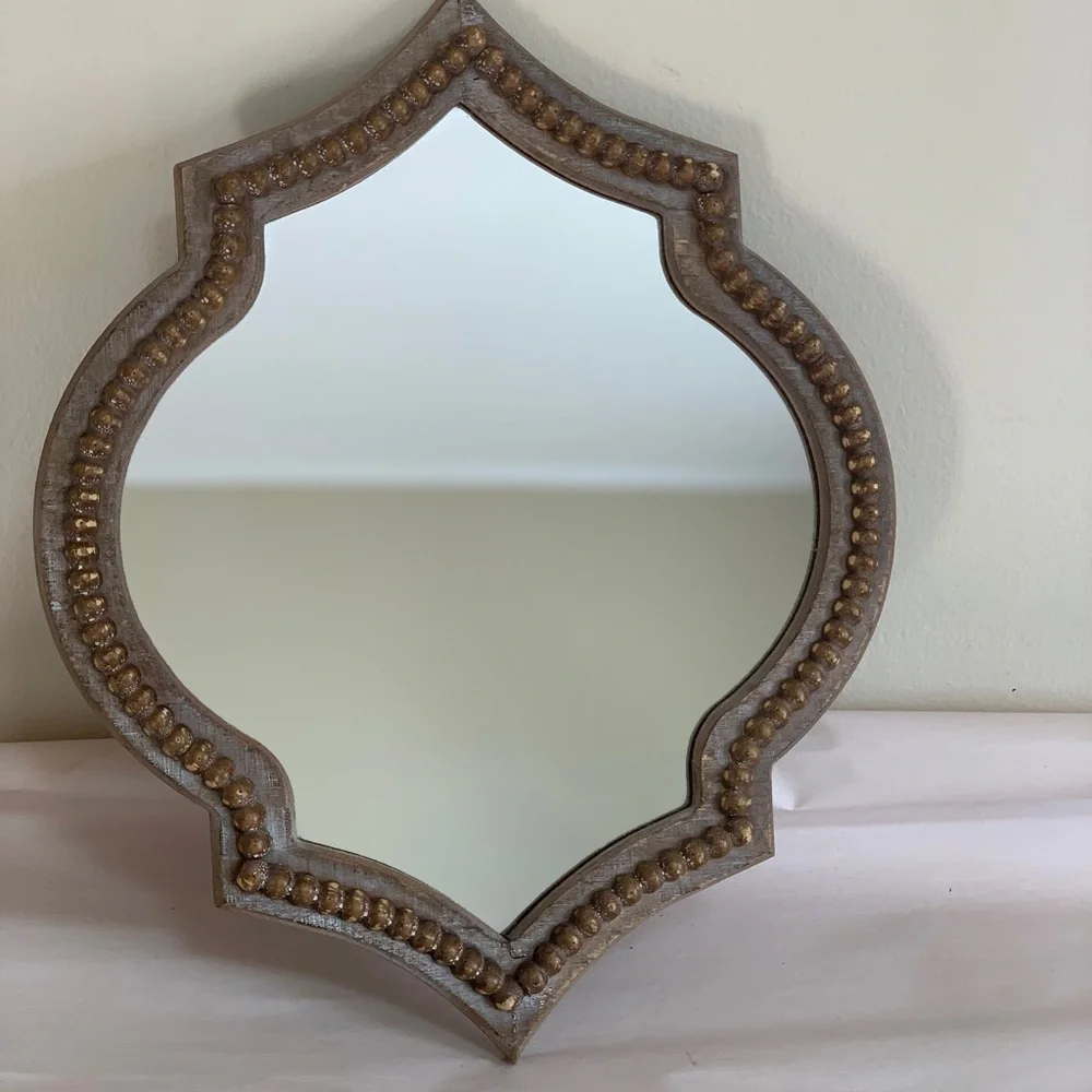 At Home Moroccan Quatrefoil Wall Mirror 16”Accent Distressed Wood beaded Rustic